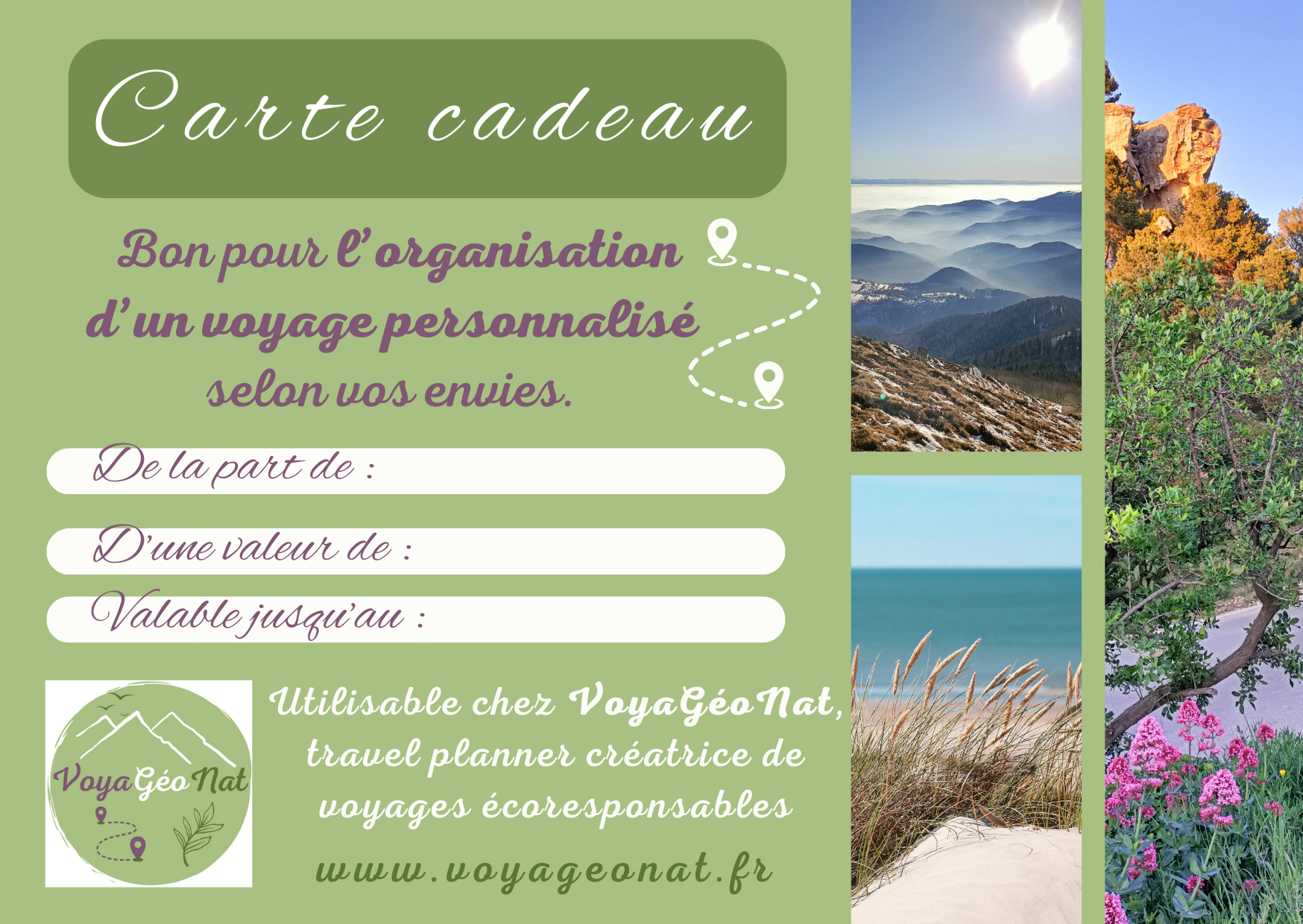 Carte cadeau VoyaGéoNat - Un cadeau personnalisé pour offrir un voyage